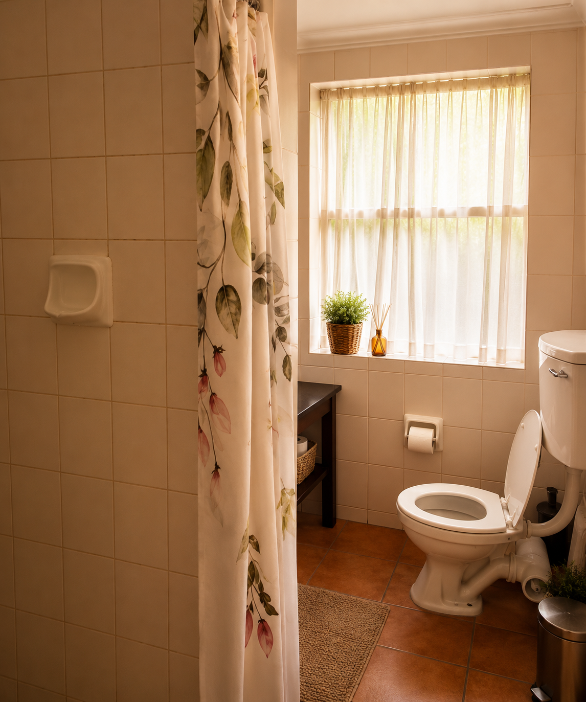 Hibiskus Suite shower bathroom with floral shower curtain, toilet and sunlit window